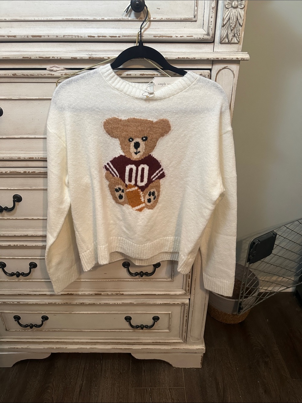 Simply Southern Cream Teddy Bear Football Crewneck Sweater